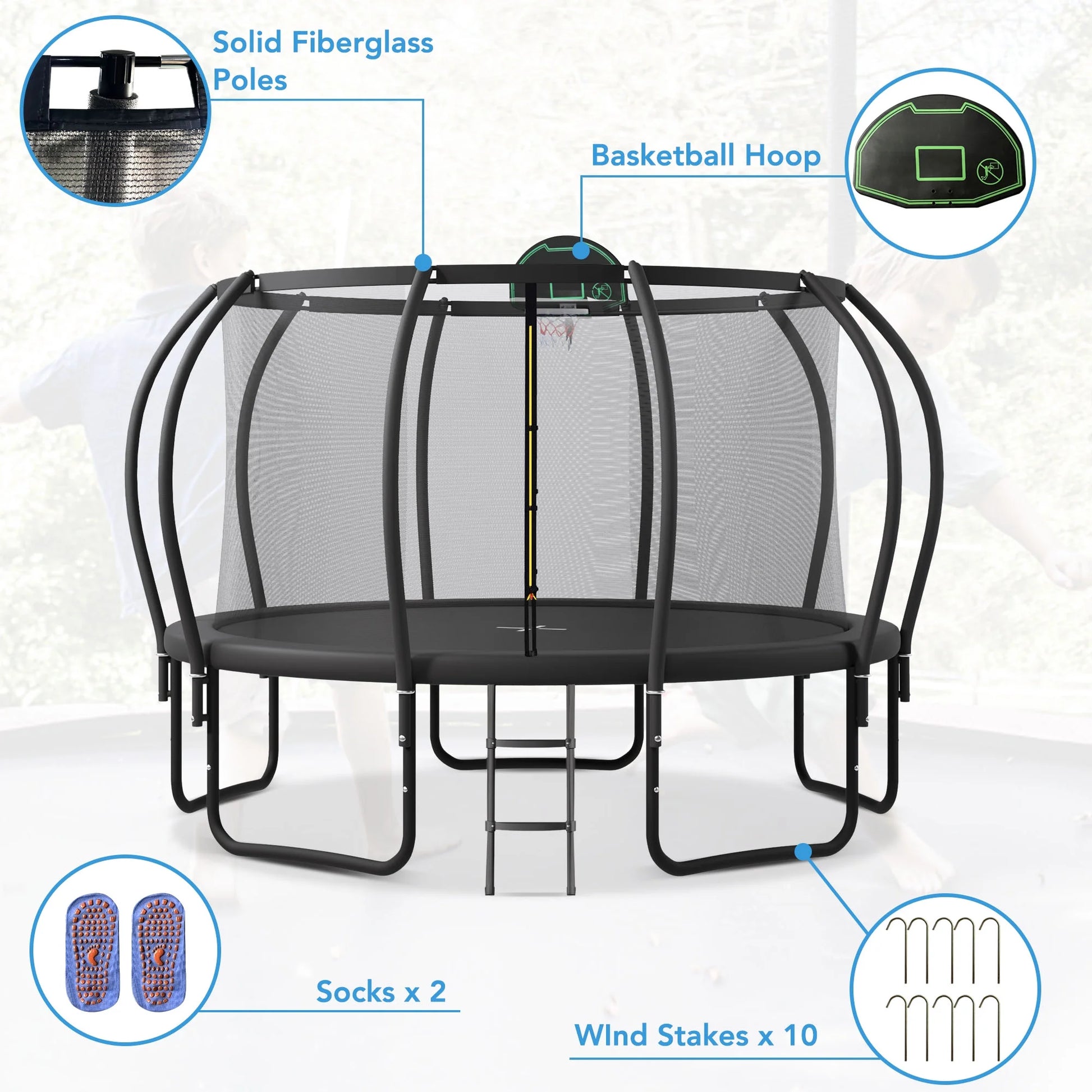 Trampoline 12FT 14FT 15FT 16FT Trampoline for Adults and Kids, 1500Lbs Outdoor round Trampoline with Enclosure Net with Basketball Hoop and Ladder
