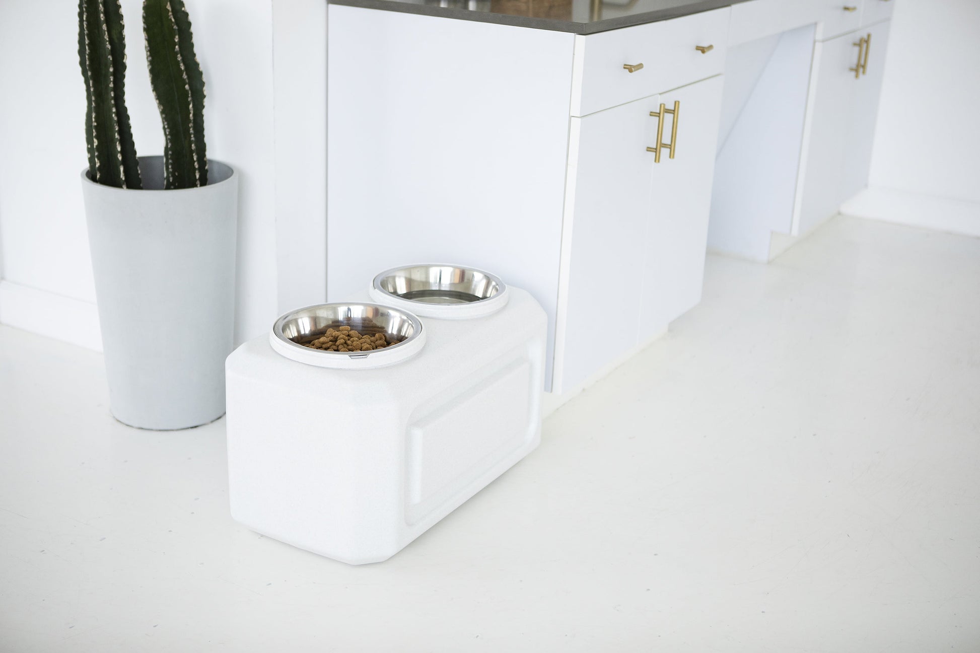 Vittles Vault 2-In-1 Elevated Stainless Steel Dog Bowls with 50 Lb Dry Food Storage, White