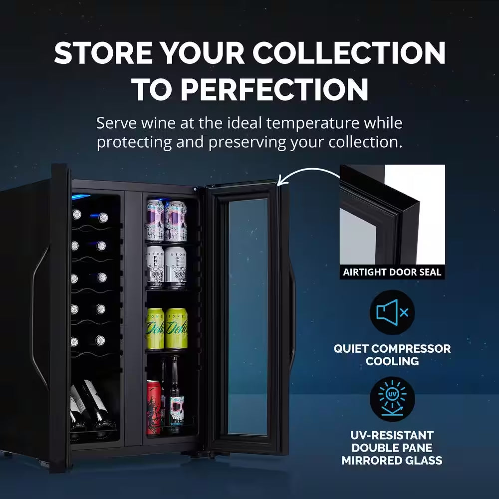 Shadow 20 In. Dual Zone Wine Cooler Refrigerator 12 Bottles & 39 Cans, Mirrored Wine and Beverage Fridge