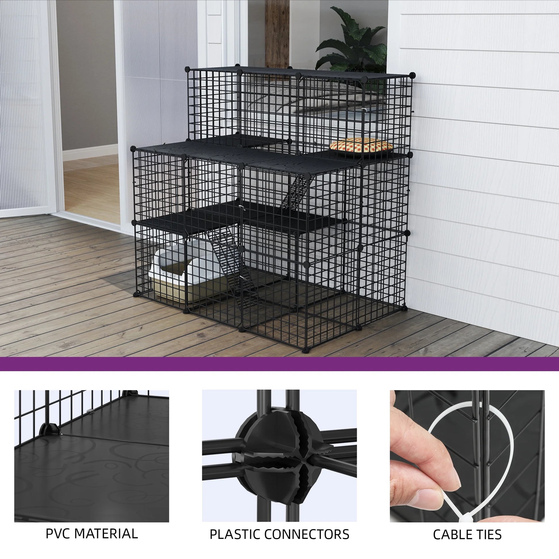 3 Tier Cat Cage,Indoor DIY Pets Playpen Cat Kennel,Cat Enclosure Metal Cat Kennels for 1-3 Cats, DIY Detachable Pet Playpen, 41"L X 28"W X 41"H,Black