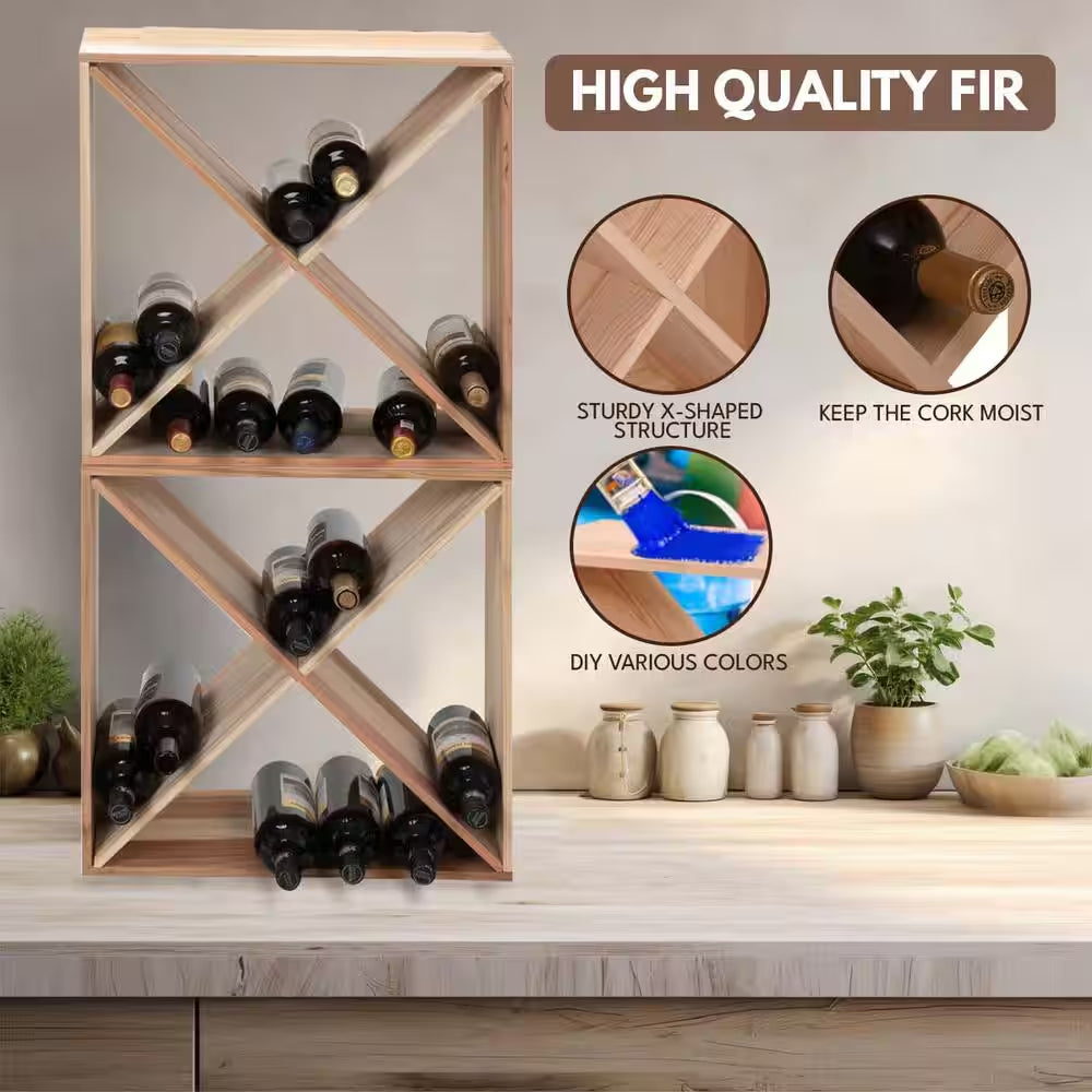 24-Bottle Burlywood Modular Wine Rack, Stackable Wine Storage Cube for Bar Cellar Kitchen Dining Room