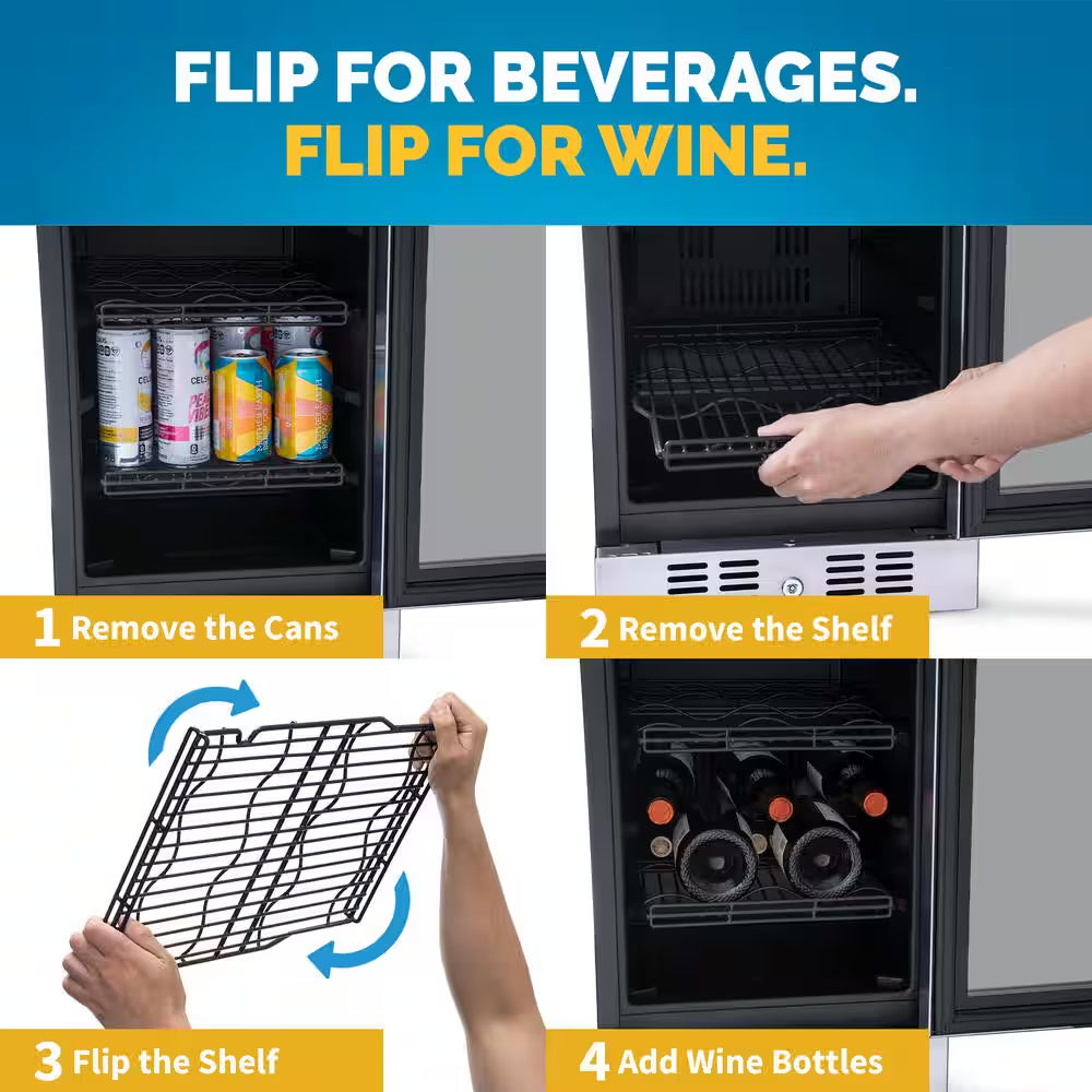 15 In. Flipshelf 33 Wine Bottles & 80 Cans Built-In Beverage and Wine Cooler in Stainless Steel with Reversible Shelves