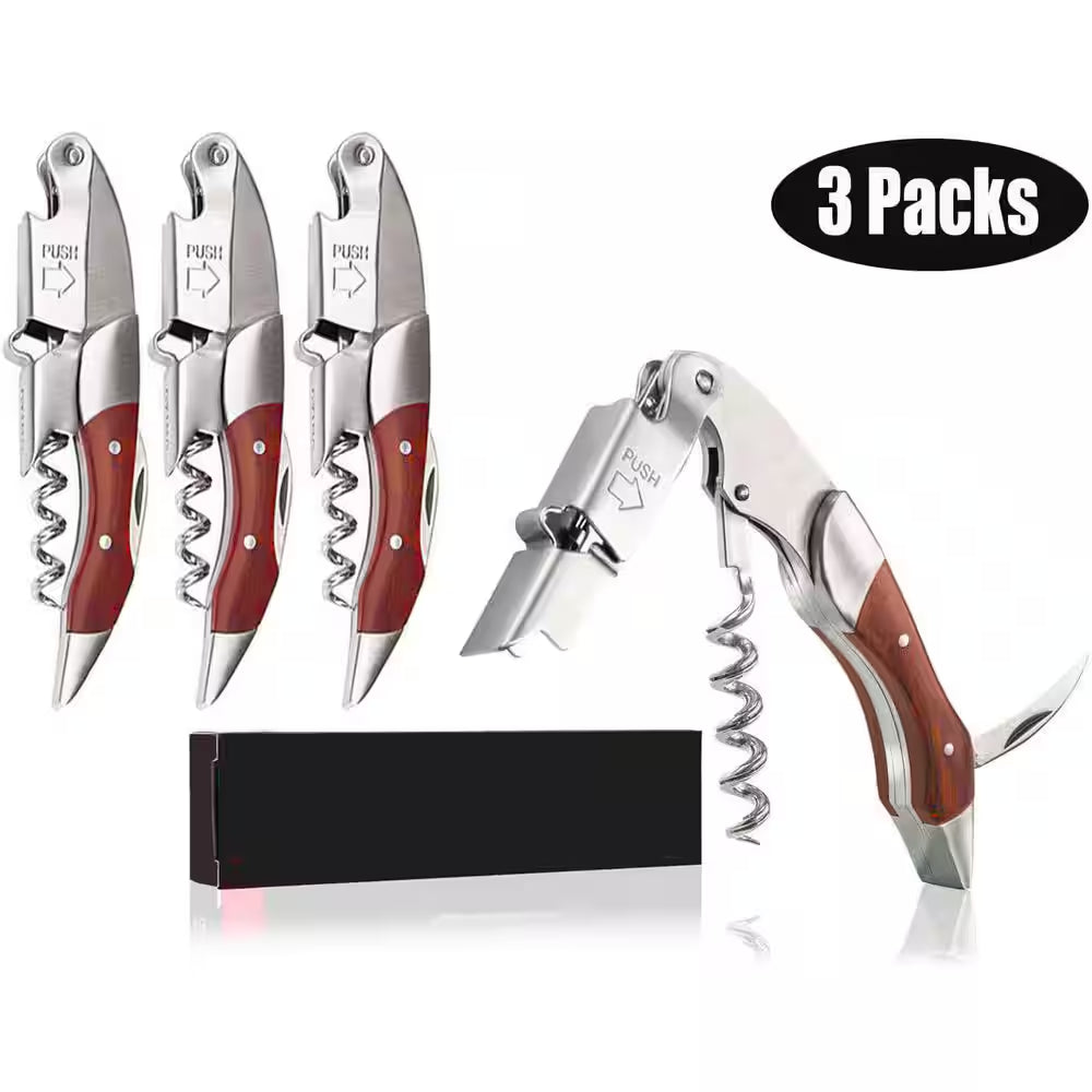 3-Piece Professional Waiter Corkscrew with Long Handle, Stainless Steel Handle Wine Opener for Bar, Red