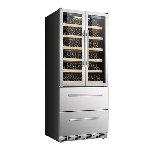 32 In. Dual Zone 168-Wine Bottles and 300-Cans Double French Doors Beverage and Wine Cooler in Seamless Stainless Steel