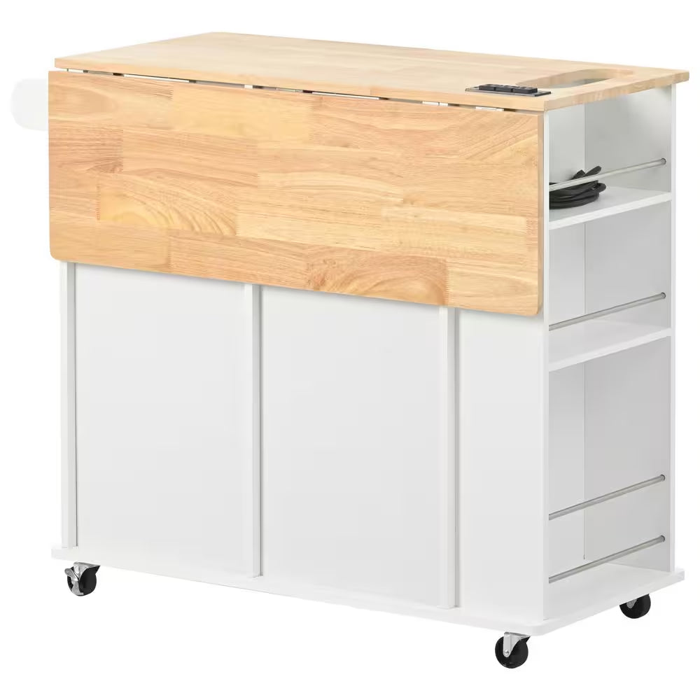 White Rubberwood Tabletop Drop Leaf 39.8 In. Kitchen Island Cart with Power Outlet Open Storage and Wine Rack
