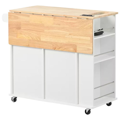 White Rubberwood Tabletop Drop Leaf 39.8 In. Kitchen Island Cart with Power Outlet Open Storage and Wine Rack