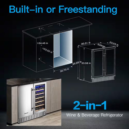 30 In. Dual Zone 28-Wine Bottles and 80-Cans Built-In or Freestanding Beverage and Wine Cooler in Stainless Steel