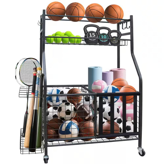 3-Tier Black Metal Large Capacity Ball Sports Equipment Storage Rack with Wheels for Indoor and Outdoor