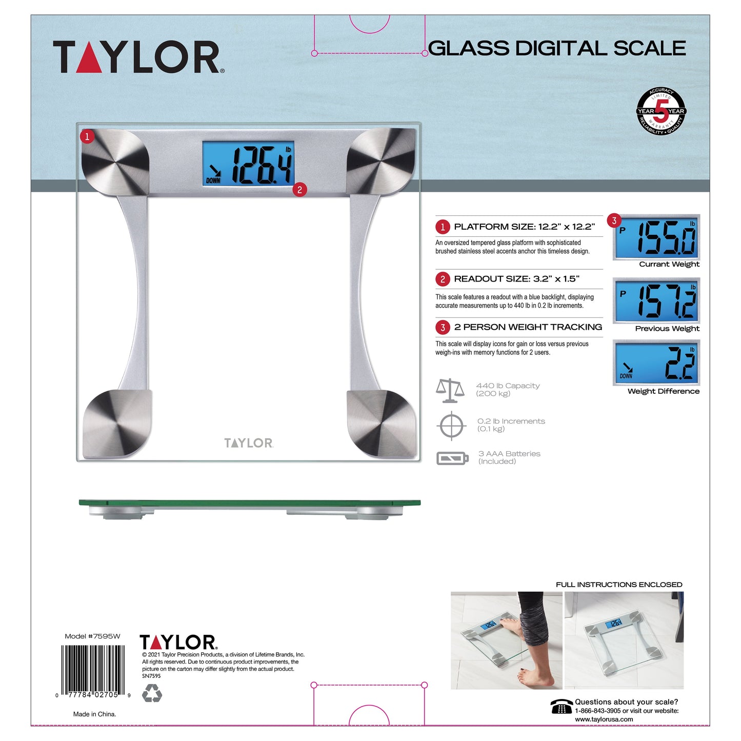 Taylor 12.2" X 12.2" Weight Tracking Glass Body Weight Scale Battery Powered, FSA HSA Eligible, 440 Lb Capacity, Clear