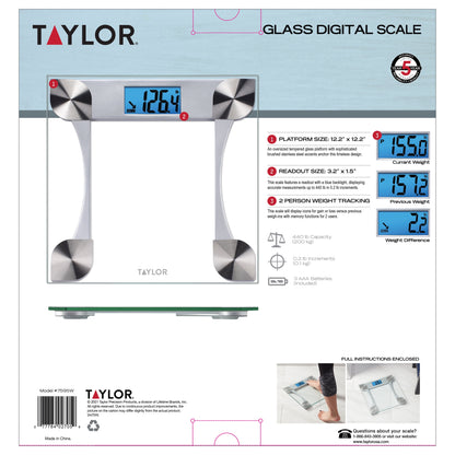 Taylor 12.2" X 12.2" Weight Tracking Glass Body Weight Scale Battery Powered, FSA HSA Eligible, 440 Lb Capacity, Clear
