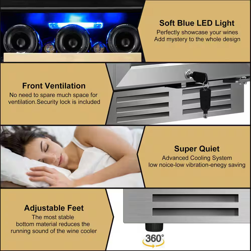 15" Dual Zone 30-Bottle Cellar Cooling Unit Built-In and Freestanding Wine Cooler in Blue LED 2 Handles Stainless Steel