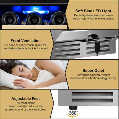 15" Dual Zone 30-Bottle Cellar Cooling Unit Built-In and Freestanding Wine Cooler in Blue LED 2 Handles Stainless Steel