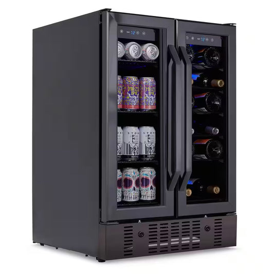 24 In.18 Bottles 60 Cans Built-In Dual Zone Beverage and Wine Cooler in Black Stainless Steel with French Doors and Lock