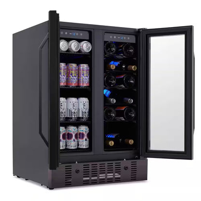 24 In.18 Bottles 60 Cans Built-In Dual Zone Beverage and Wine Cooler in Black Stainless Steel with French Doors and Lock