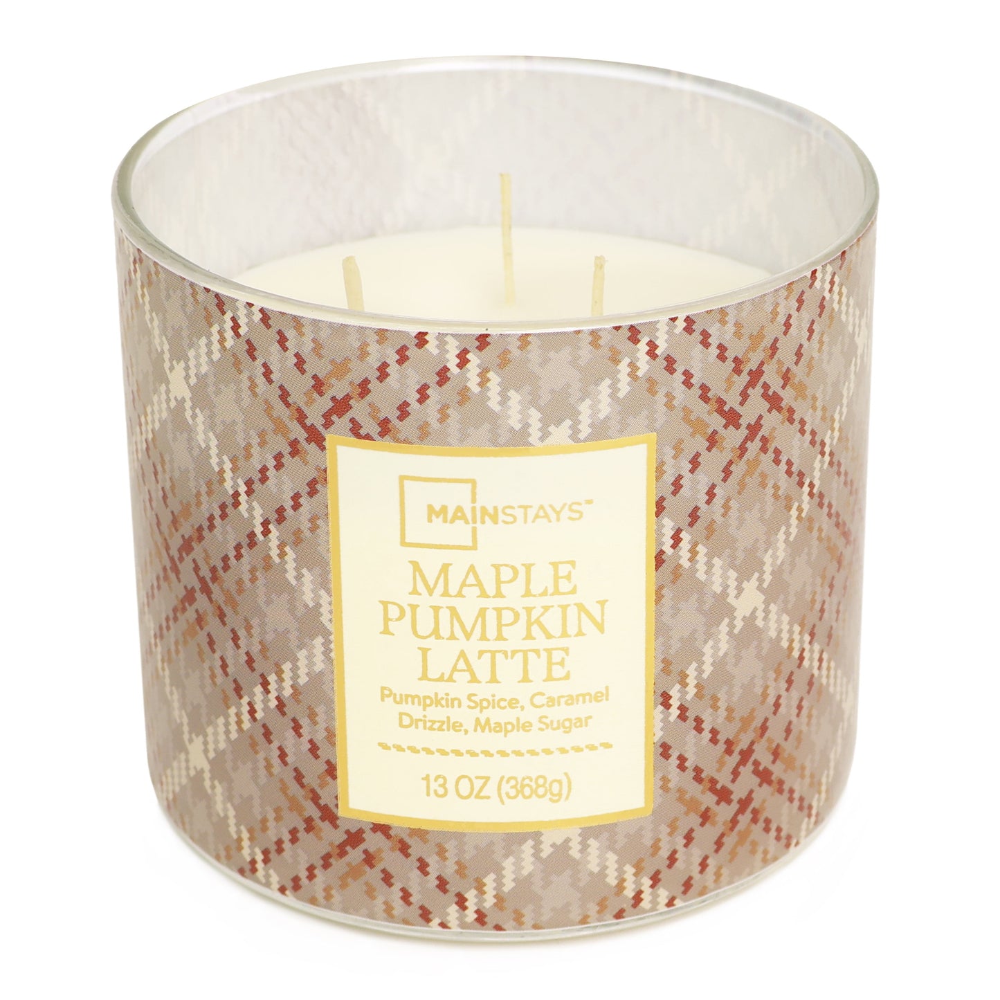 3-Wick Maple Pumpkin Latte Orange Plaid Design, 13-Ounce