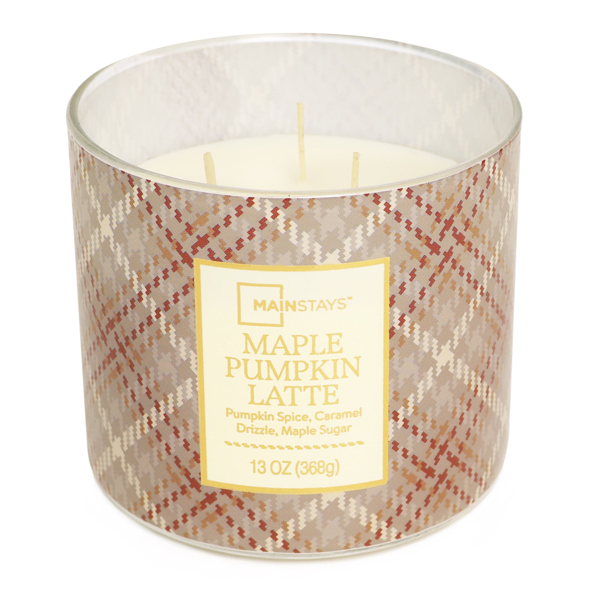 3-Wick Maple Pumpkin Latte Orange Plaid Design, 13-Ounce