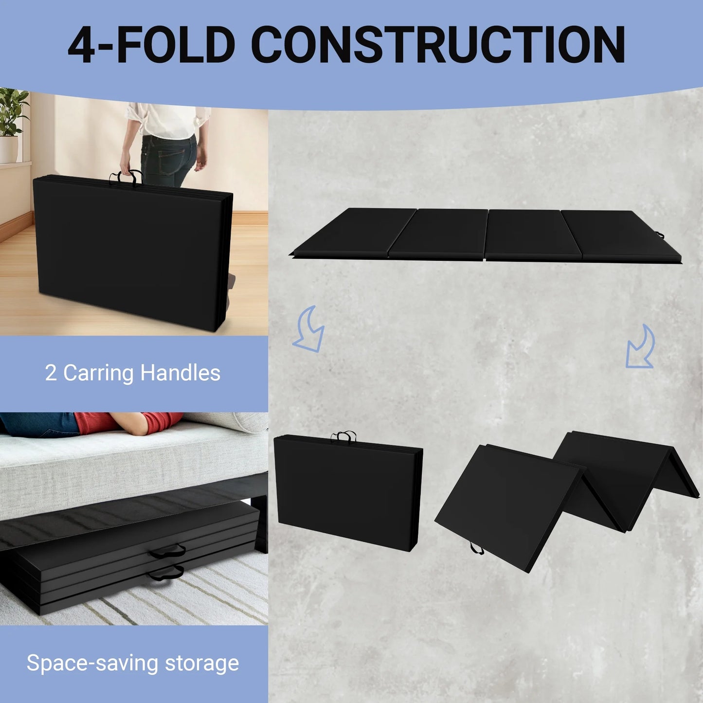 Versatile 4'X8'X2" High-Density Gym Mats - Extra Thick, Anti-Tear, Easy-Clean, Foldable for Aerobics, Yoga, Martial Arts, with Durable Vinyl and Velcro, Black