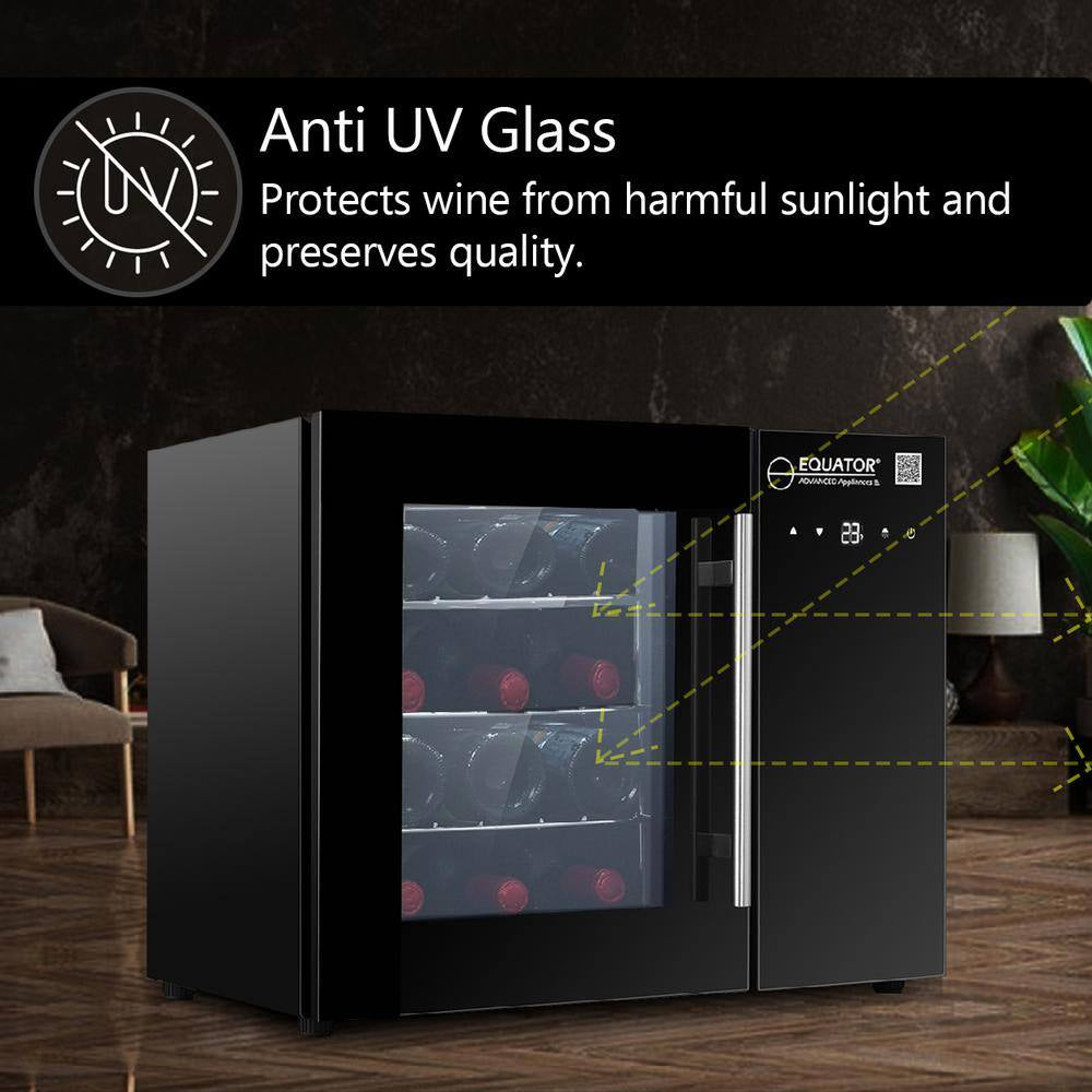 22In. Single Temperature Zone 12-Bottles Countertop/Wall-Mounted Beverage and Wine Cooler Black with anti UV Glass Door