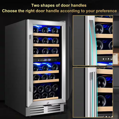 15" Dual Zone 30-Bottle Cellar Cooling Unit Built-In and Freestanding Wine Cooler in Blue LED 2 Handles Stainless Steel
