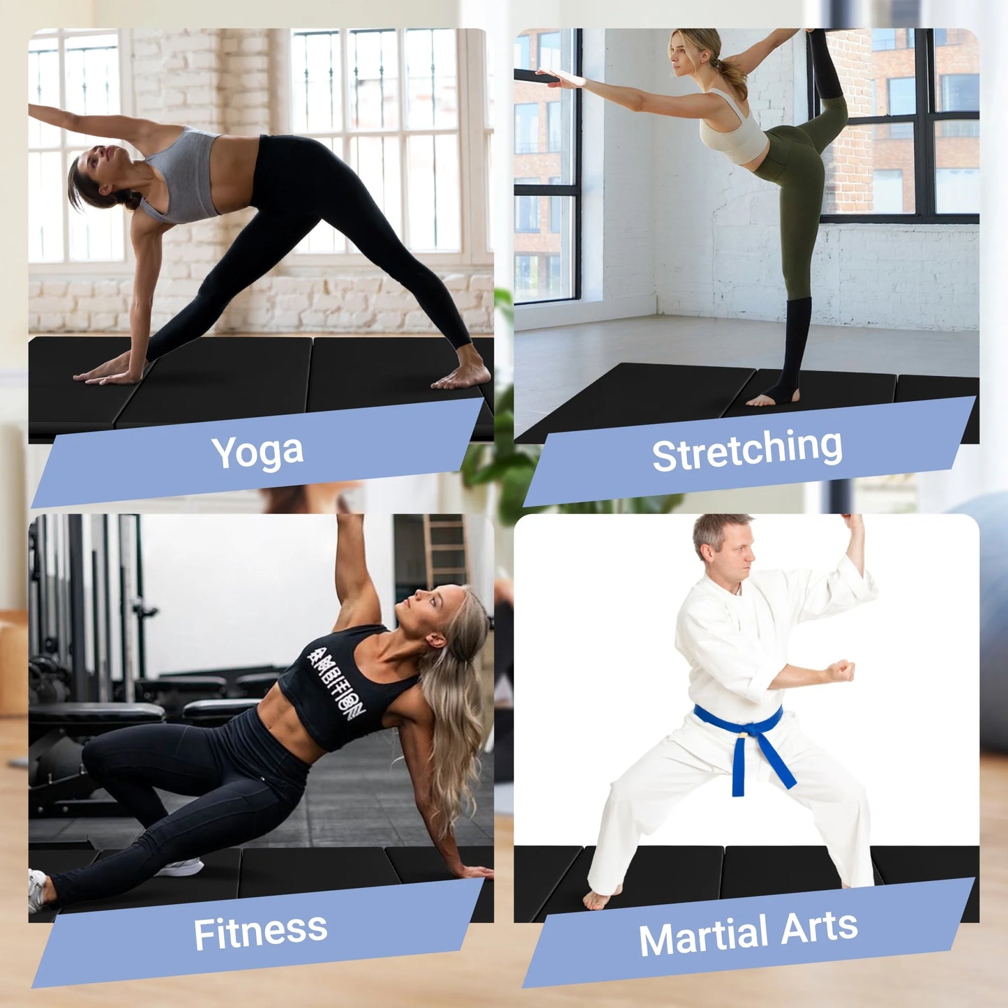 Versatile 4'X8'X2" High-Density Gym Mats - Extra Thick, Anti-Tear, Easy-Clean, Foldable for Aerobics, Yoga, Martial Arts, with Durable Vinyl and Velcro, Black