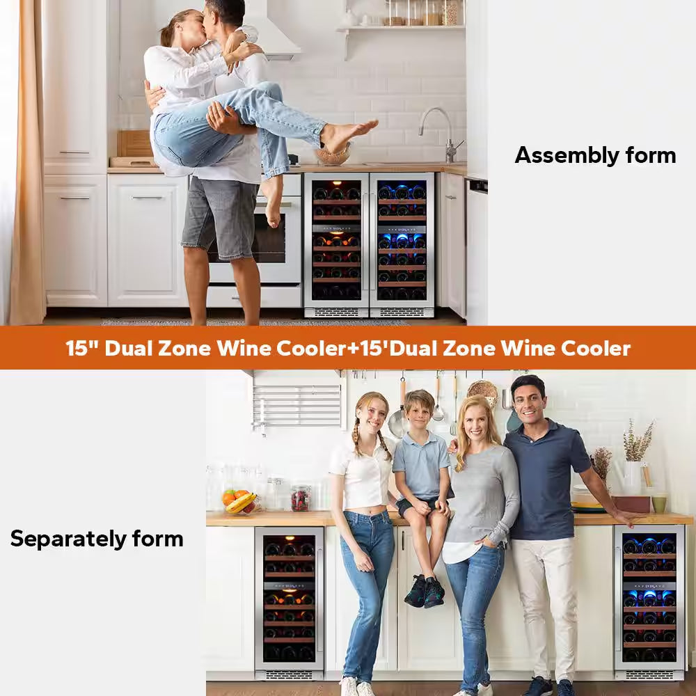 30 In. Quad Zone Cellar Cooling Unit 56-Bottles Built- in Wine Cooler Side-By-Side Refrigerators Frost Free in Black