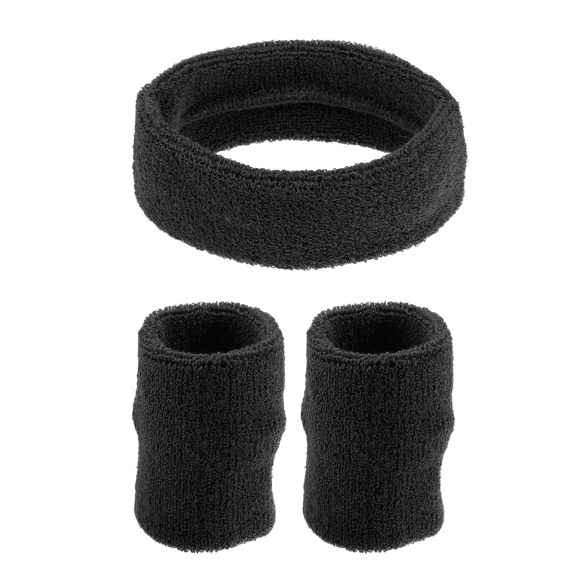 3 Pcs Sport Headband Wristband Stretchy Cotton Blend Sweat Absorbing Black