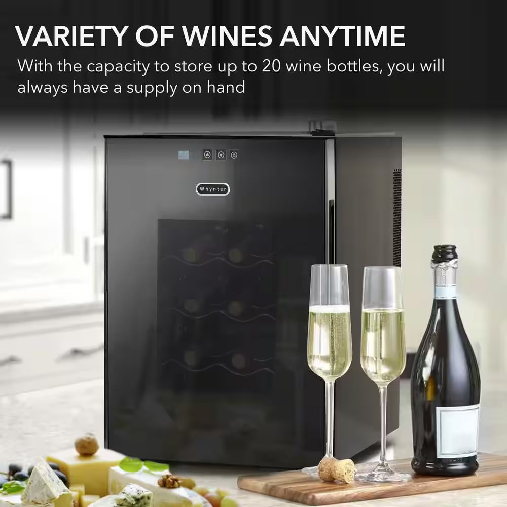 16 In. 20 Bottle Wine Cooler Single Zone Fridge Freestanding Black with LED Display, Chrome Shelves, Mirror Glass Door