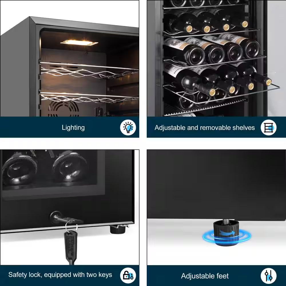 17 In. Wine Cooler 24 Bottle Freestanding Wine Refrigerator with Door Lock, Black