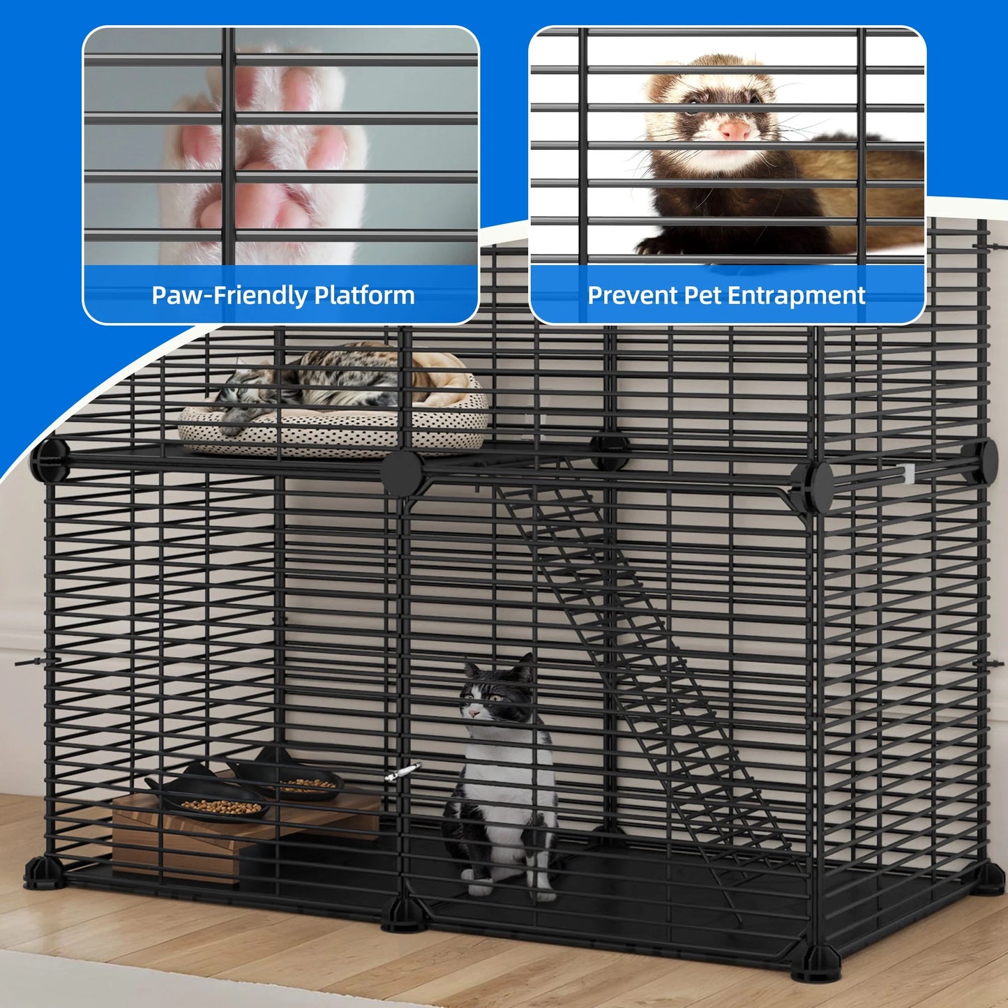 2 Tier Indoor Cat Cage,28" Cat Enclosure DIY Cat Playpen for 1-2 Cats,28"L X 14"W X 28"H,Black