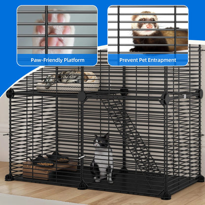 2 Tier Indoor Cat Cage,28" Cat Enclosure DIY Cat Playpen for 1-2 Cats,28"L X 14"W X 28"H,Black