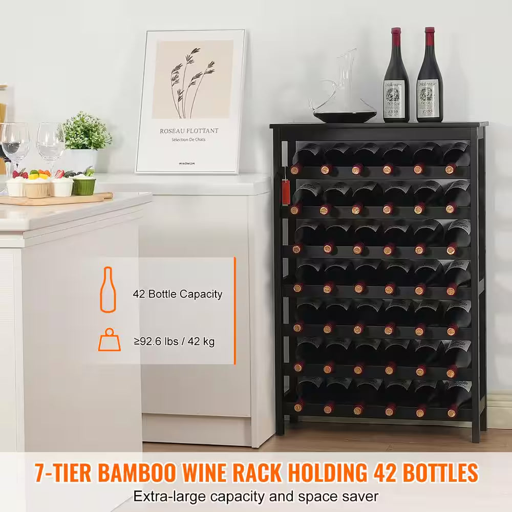 42-Bottle Bamboo Wine Rack, 7-Tier Freestanding Storage with Table Top, Wobble-Free Display Shelf for Kitchen, Black