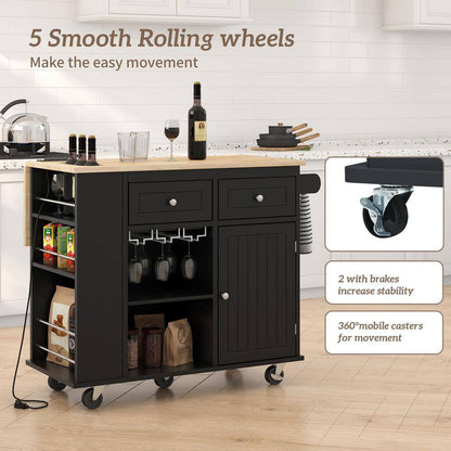 Rolling Black Drop Leaf Rubber Wood Tabletop 40 In. Kitchen Island with Power Outlet, Wine Rack and Adjustable Shelves