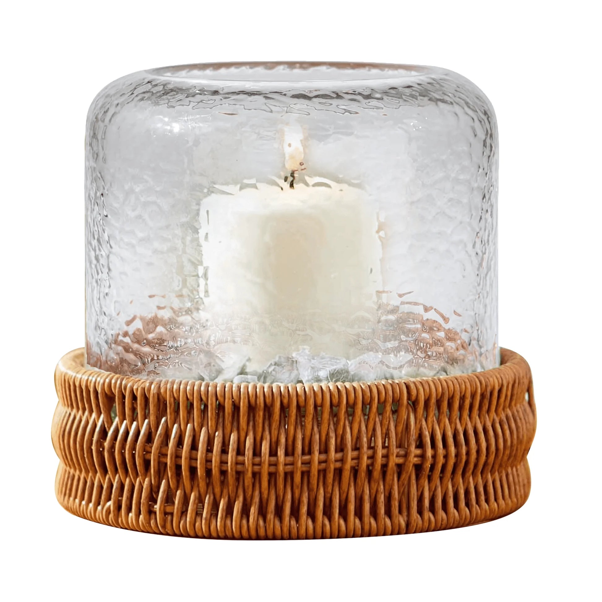 (2 Pack)  7" Decorative Clear Hammered Glass Hurricane Pillar Candle Holder with Brown Woven Base