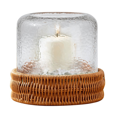 (2 Pack)  7" Decorative Clear Hammered Glass Hurricane Pillar Candle Holder with Brown Woven Base