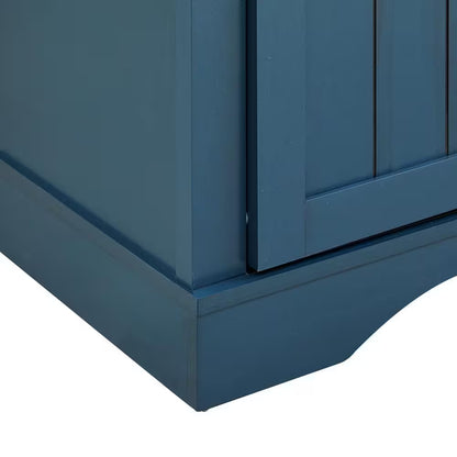 47 In. Navy Blue Wood Buffet Bar Cabinet with Barn Door with Marbling Pattern Countertop