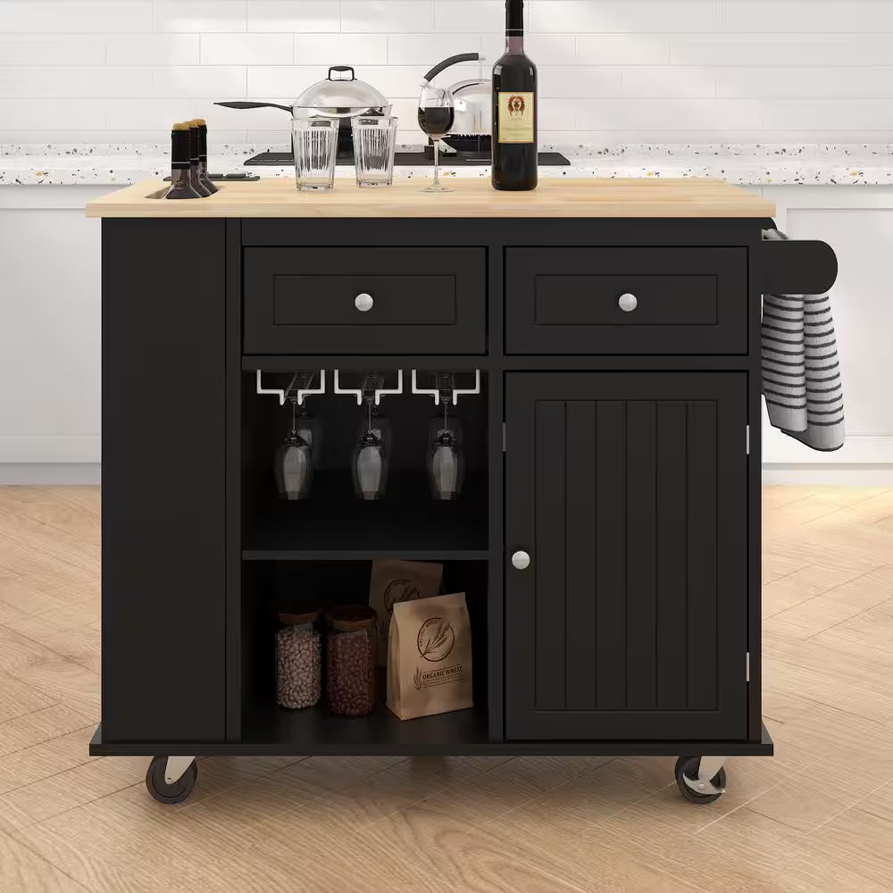 Rolling Black Drop Leaf Rubber Wood Tabletop 40 In. Kitchen Island with Power Outlet, Wine Rack and Adjustable Shelves