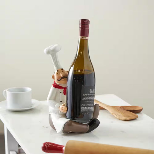 1-Bottle White Kitchen Decorative Figurine Chef Wine Holder with Red Accents
