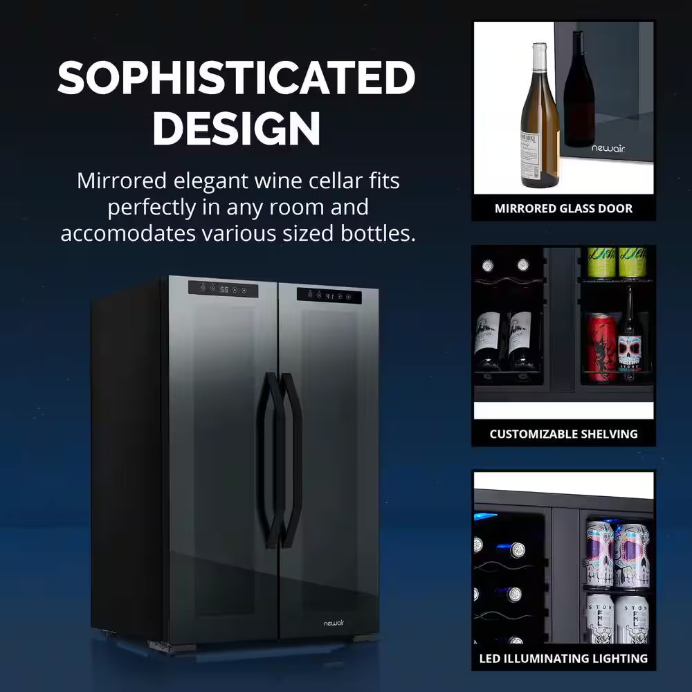 Shadow 20 In. Dual Zone Wine Cooler Refrigerator 12 Bottles & 39 Cans, Mirrored Wine and Beverage Fridge