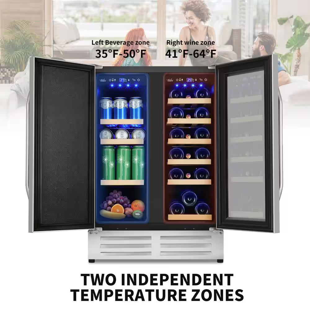 24 In.Dual Zone 20-Wine Bottles and 88-Can Built-In and Freestanding with French Door Beverage Cooler in Stainless Steel