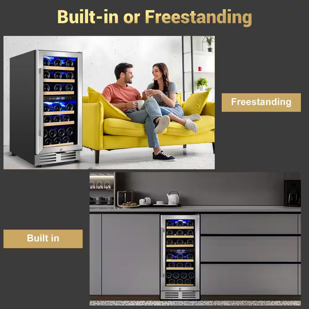 15" Dual Zone 30-Bottle Cellar Cooling Unit Built-In and Freestanding Wine Cooler in Blue LED 2 Handles Stainless Steel