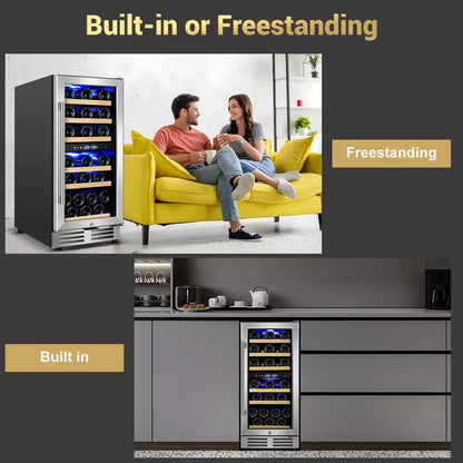 15" Dual Zone 30-Bottle Cellar Cooling Unit Built-In and Freestanding Wine Cooler in Blue LED 2 Handles Stainless Steel