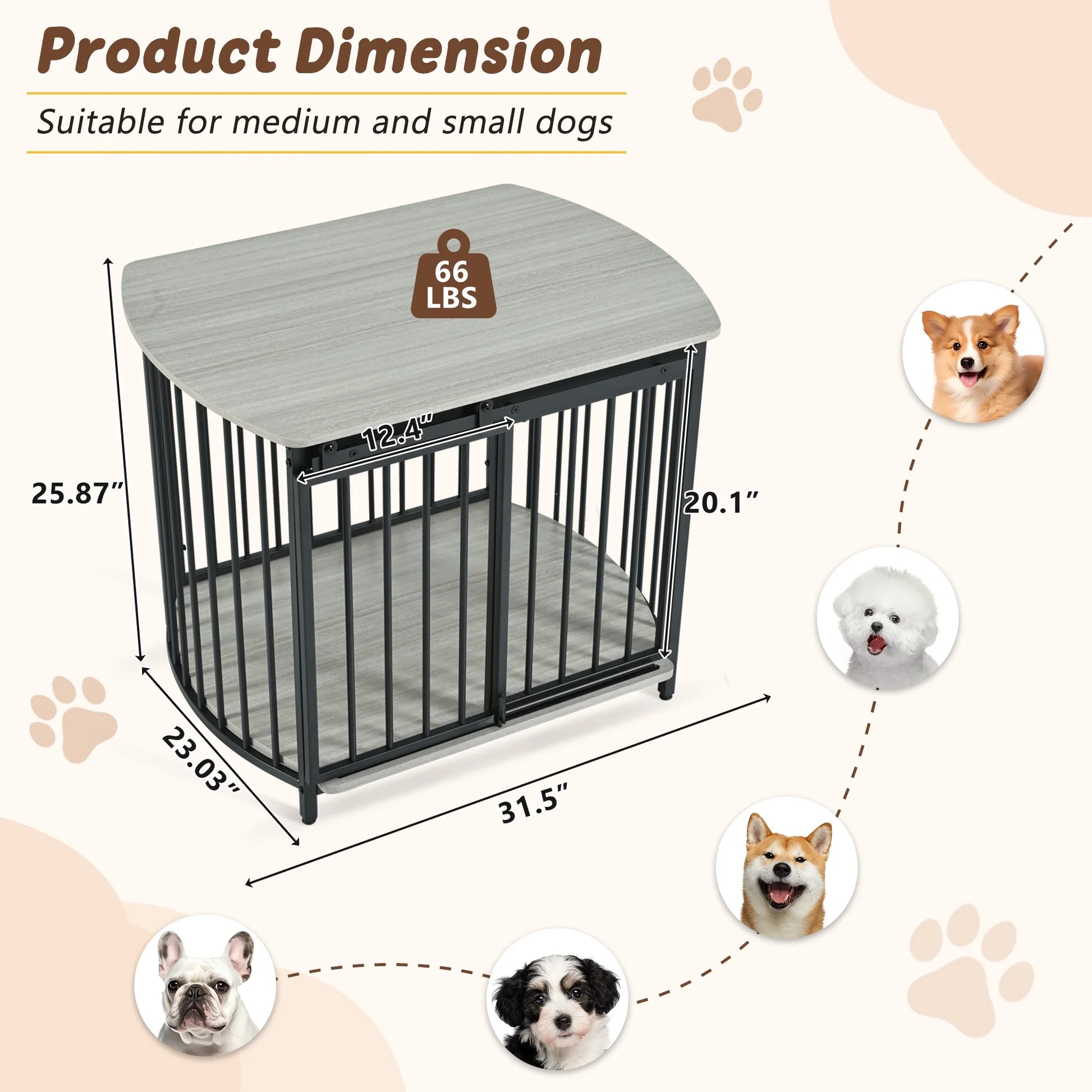 31.5" Large Dog Crate Furniture for Small Medium Dog, Wooden Cage Indoor Kennel Furniture, Gray