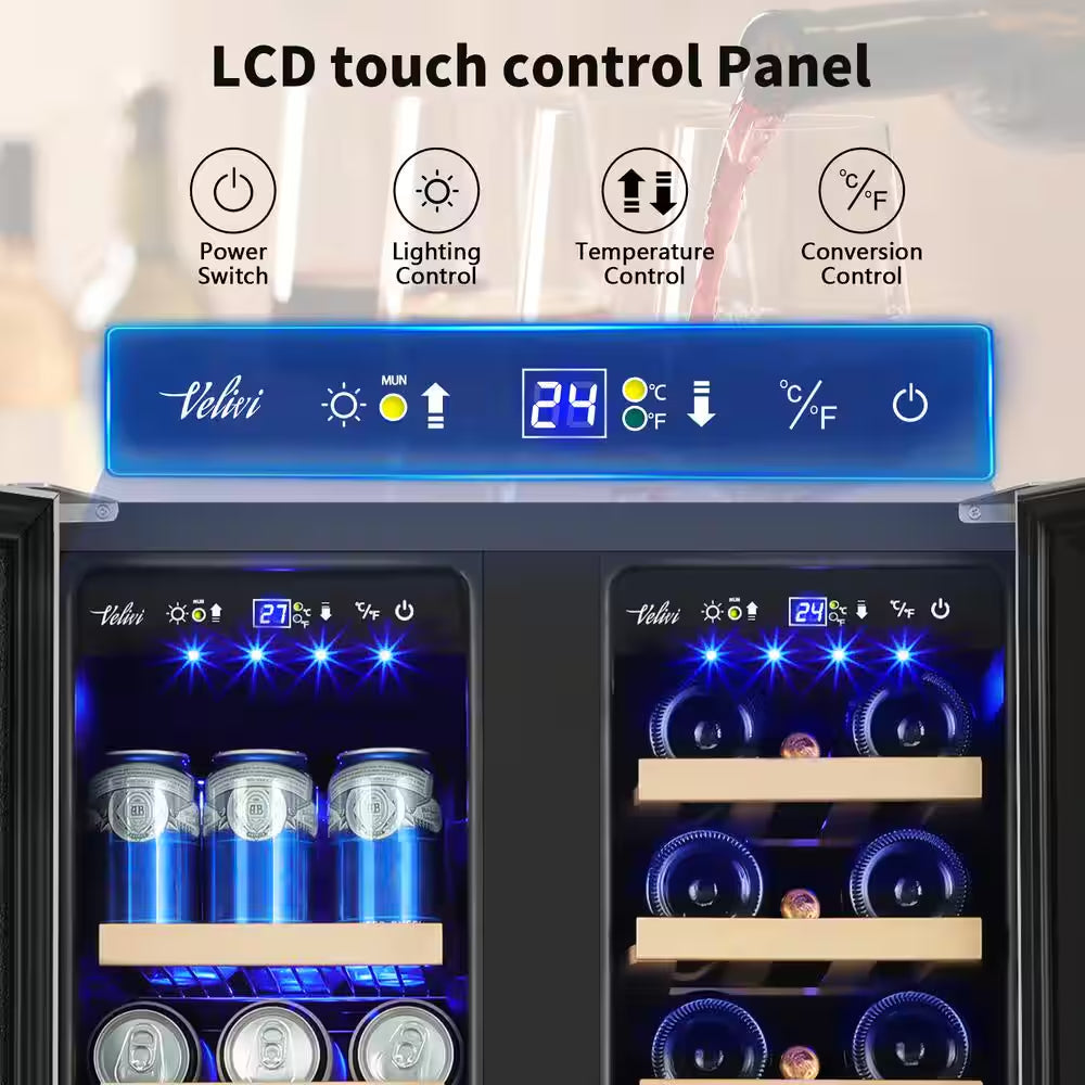 24 In.Dual Zone 20-Wine Bottles and 88-Can Built-In and Freestanding with French Door Beverage Cooler in Stainless Steel