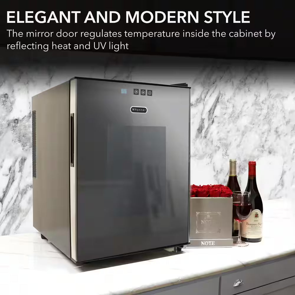 16 In. 20 Bottle Wine Cooler Single Zone Fridge Freestanding Black with LED Display, Chrome Shelves, Mirror Glass Door