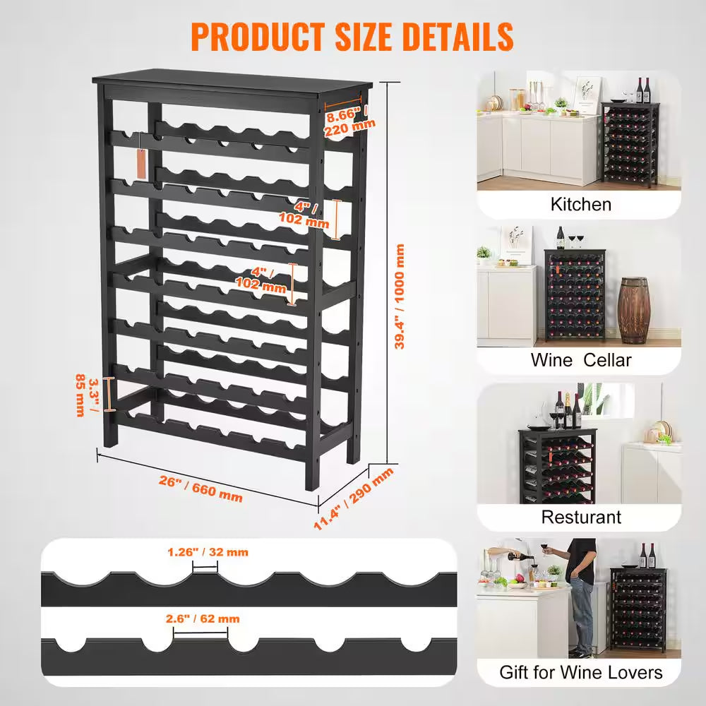 42-Bottle Bamboo Wine Rack, 7-Tier Freestanding Storage with Table Top, Wobble-Free Display Shelf for Kitchen, Black