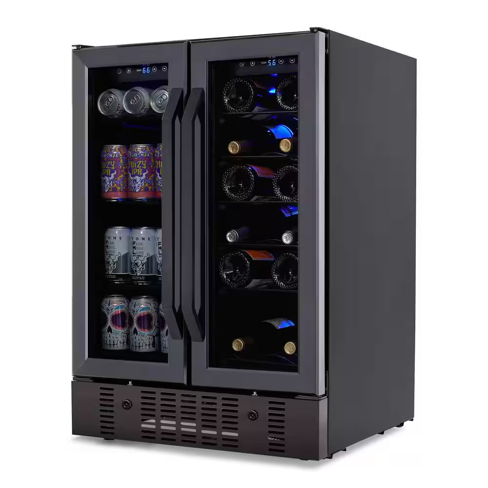 24 In.18 Bottles 60 Cans Built-In Dual Zone Beverage and Wine Cooler in Black Stainless Steel with French Doors and Lock