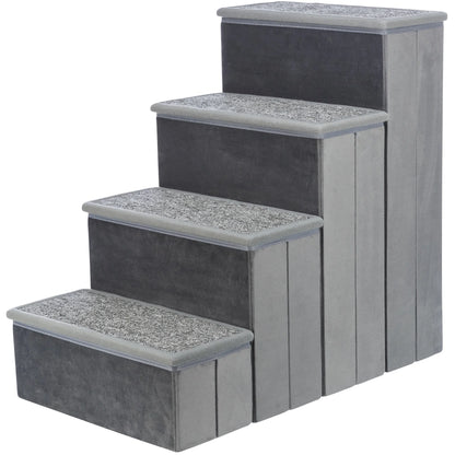 3-Step Foldable Velour Pet Stairs with Storage, Gray