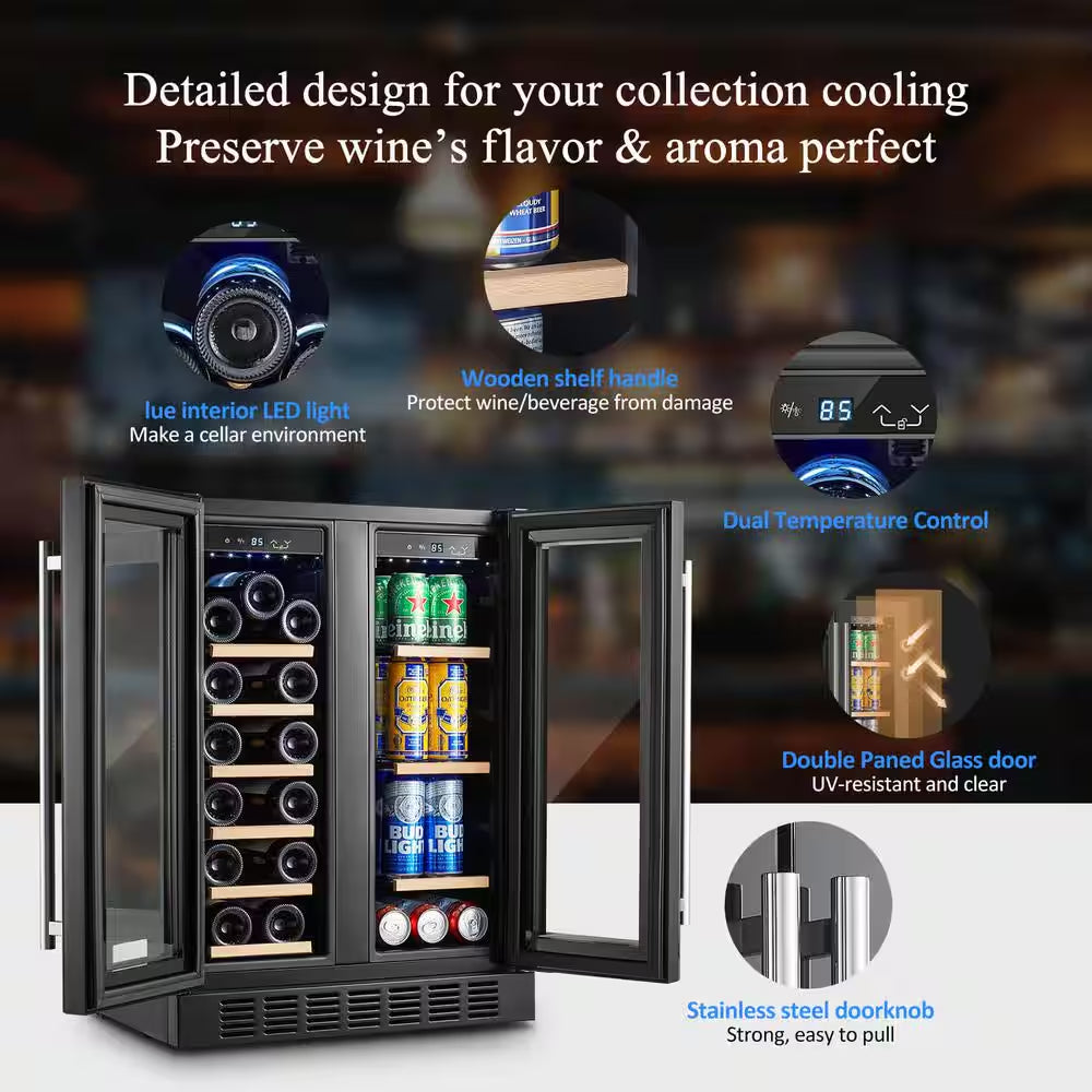 24 In. Dual Zone 19-Wine Bottles and 57-Cans Beverage and Wine Cooler in Stainless Steel with Safety Locks