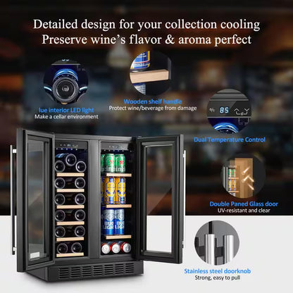 24 In. Dual Zone 19-Wine Bottles and 57-Cans Beverage and Wine Cooler in Stainless Steel with Safety Locks