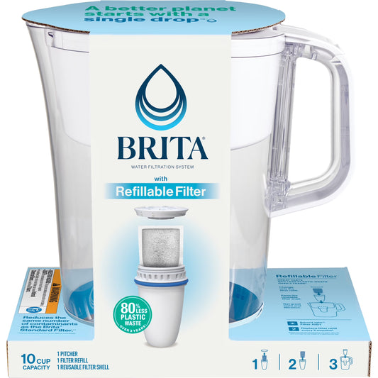 Refillable Water Filtration System with Large 10 Cup Pitcher, Tahoe, and 1 Refillable Filter